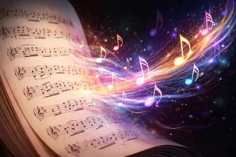 Sheet music transitioning into colorful musical notes